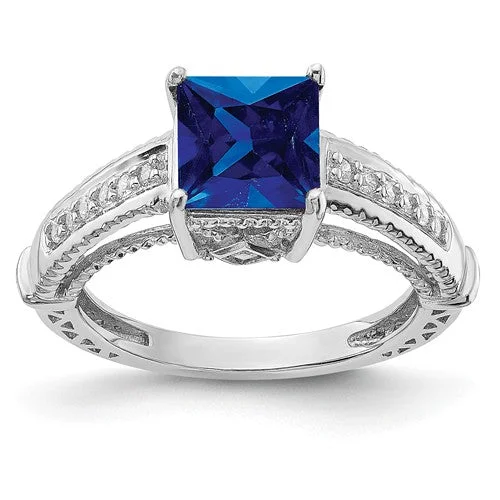 Ladies Rings with Mint Serpentine-Sterling Silver Lab-Created Blue Sapphire Square Princess & CZ Ring