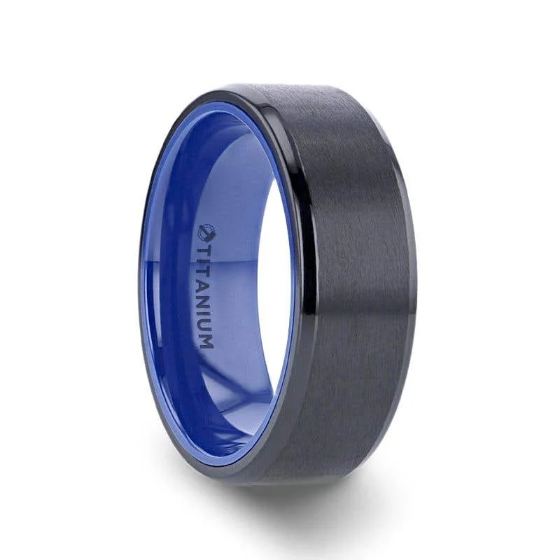 Ladies Rings Light Spark-Thorsten CASTOR Beveled Edges Black Titanium Ring with Brushed Center and Vibrant Blue Inside - 8mm