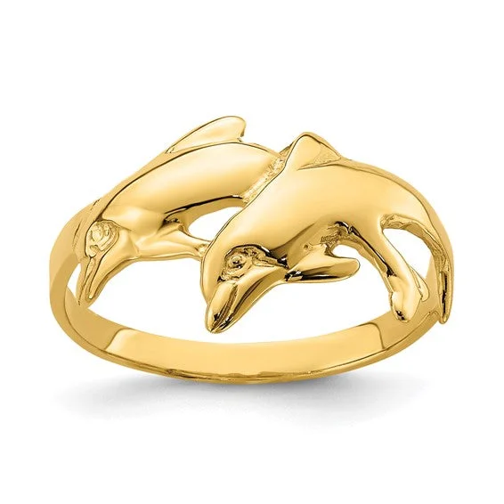 Ladies Rings with Cosmic Stone-14K Yellow Gold Double Dolphins Ring