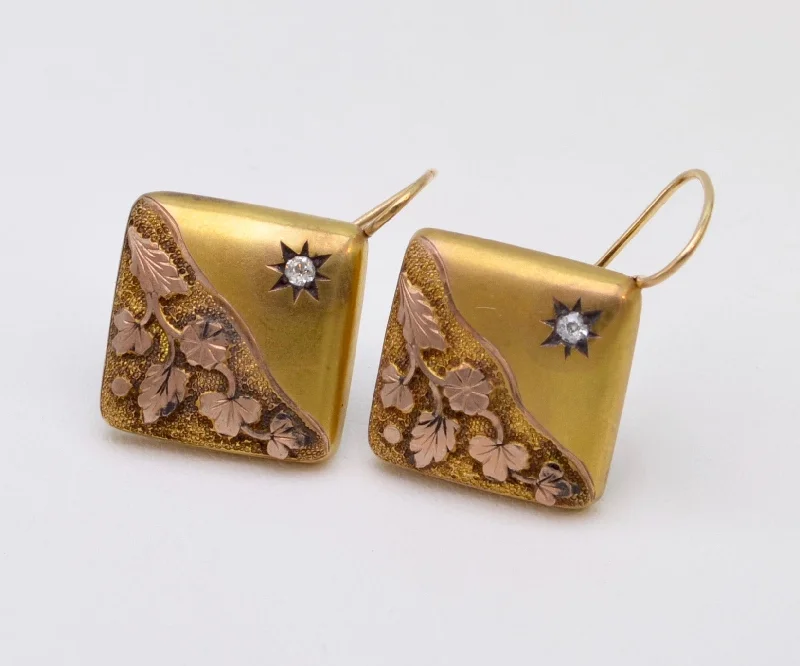 Ladies Earrings with Pure Danburite-14K Antique Early American Gold Earrings with Rose-Cut Diamond Accent