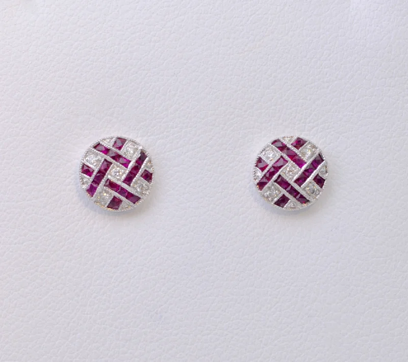 Ladies Earrings with Brown Astrophyllite-Ruby and Diamond Lattice Post Earrings in 18K White Gold