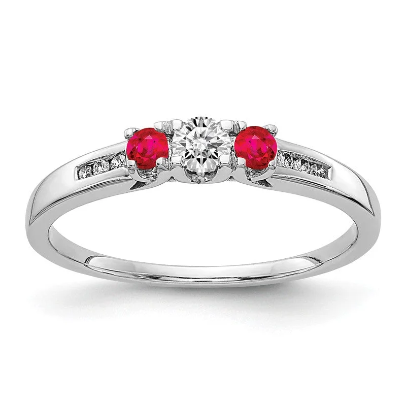 Ladies Rings with Heart Glow-14k White Gold Diamond & Ruby 3-Stone Ring