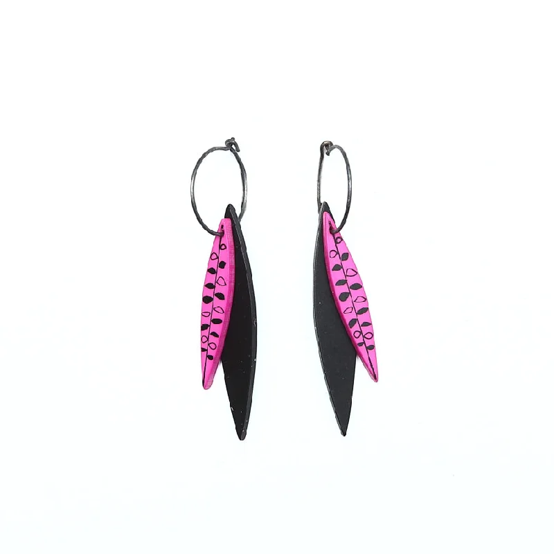 Ladies Earrings with Cyan Richterite-Lene Lundberg Pink and Black Double Leaf  Earrings