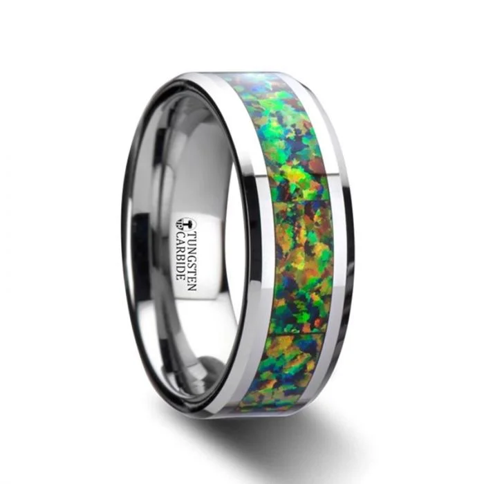 Ladies Rings with Olive Idocrase-Thorsten ETHEREAL Tungsten Carbide Ring with Blue & Orange Opal Inlay - 8mm