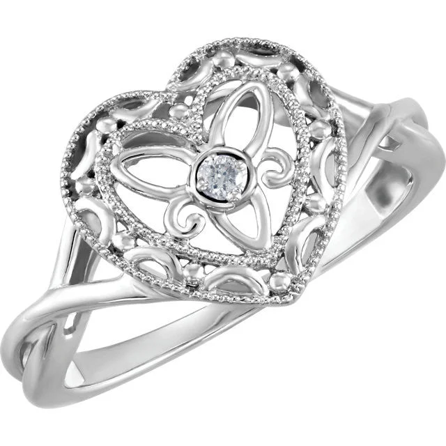 Ladies Rings with Ruby Zoisite-Sterling Silver Genuine Diamond Heart Crossed Band Filigree Ring