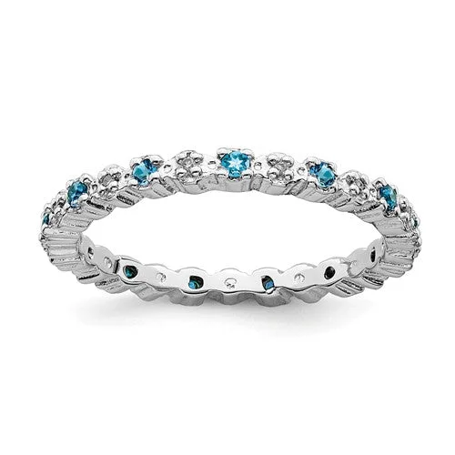 Ladies Rings with Olive Idocrase-Sterling Silver Stackable Expressions Blue Topaz & Diamond Alternating Eternity Ring