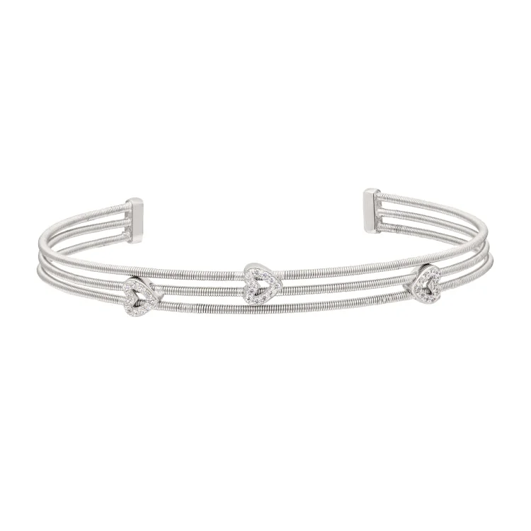 Starry veil bracelets -Rhodium Finish Sterling Silver Three Cable Cuff Bracelet with Rhodium Finish Simulated Diamond Open Hearts