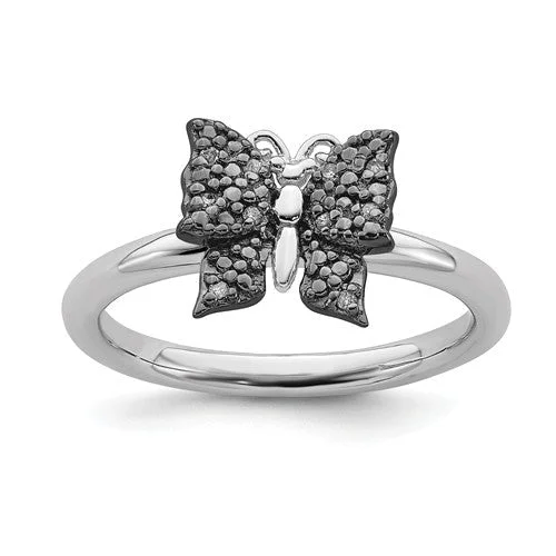 Ladies Rings Budget Shine-Sterling Silver Stackable Expressions Black Plated Diamond Butterfly Ring