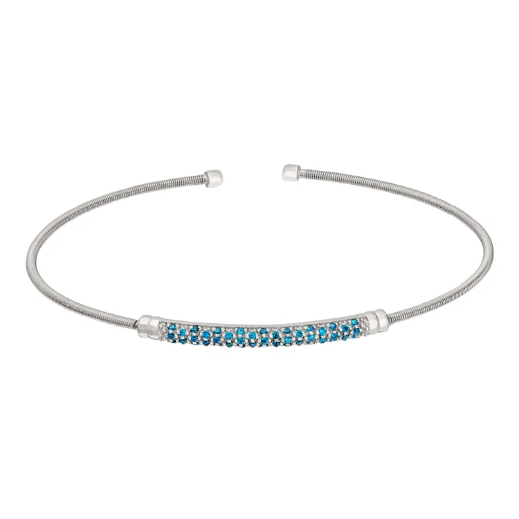 Anniversary gleam bracelets -Rhodium Finish Sterling Silver Cable Cuff Bracelet with Three Rows of Simulated Blue Zircon Birth Gems - December