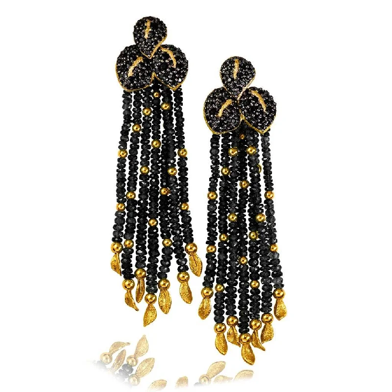 Ladies Earrings with Sunny Citrine-Gold Sunflower Leaf Tassel Earrings With Black Spinel