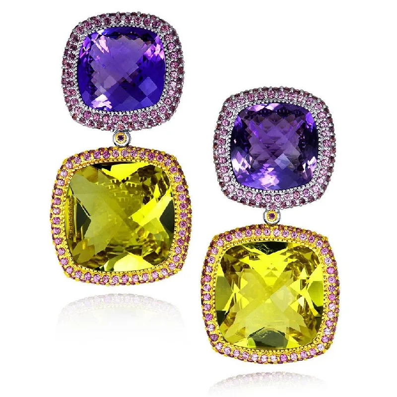 Ladies Earrings Pure Glow-Gold Royal Drop Earrings with Amethyst & Lemon Citrine