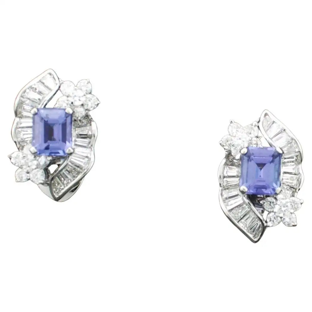 Ladies Earrings Long Glow-Classy Tanzanite and Diamond Earrings in 18k White Gold