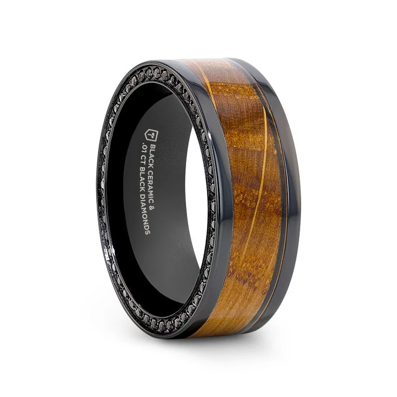 Ladies Rings with Yellow Sanidine-Thorsten BOURBON Black Zirconium Ring with Whiskey Barrel Wood Inlay and Black Sapphires - 8mm