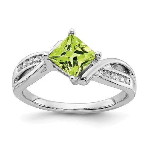 Ladies Rings Timeless Glow-14k White Gold Peridot Square and Diamond Ring