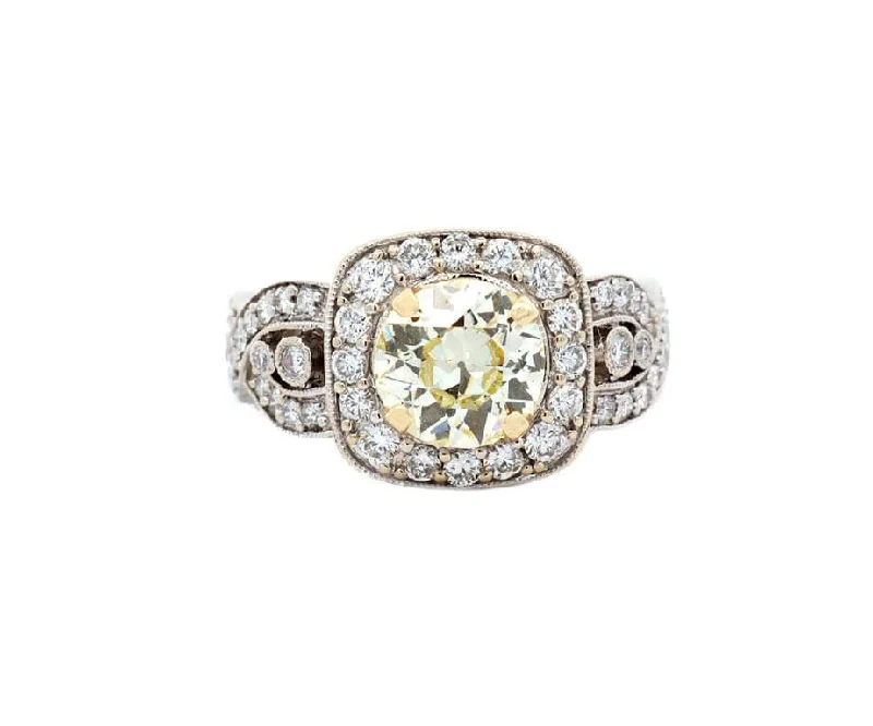 Ladies Engagement Rings with Celestite Spark-1.36ct Transition Cut Yellow Diamond & 0.65ctw Dia Vintage Engagement Ring 18K