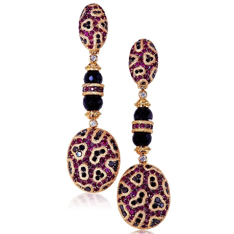 Ladies Earrings with Blue Pectolite-Gold Fine Lace Drop Earrings with Ruby And Diamonds