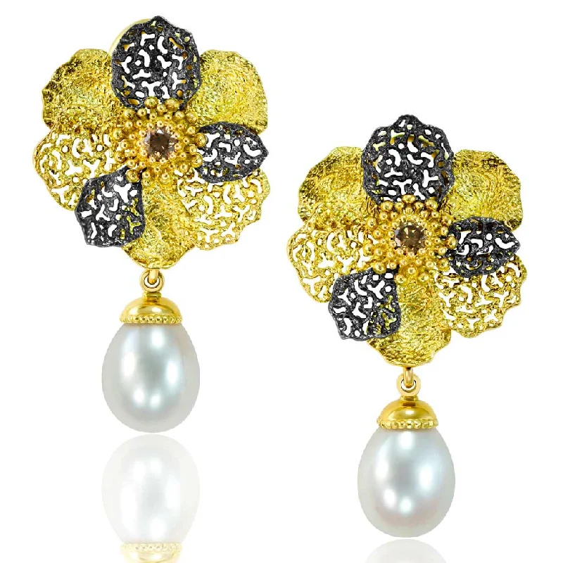 Ladies Earrings with Sea Aquamarine-Gold Baby Coronaria Convertible Earrings with Pearls & Diamonds