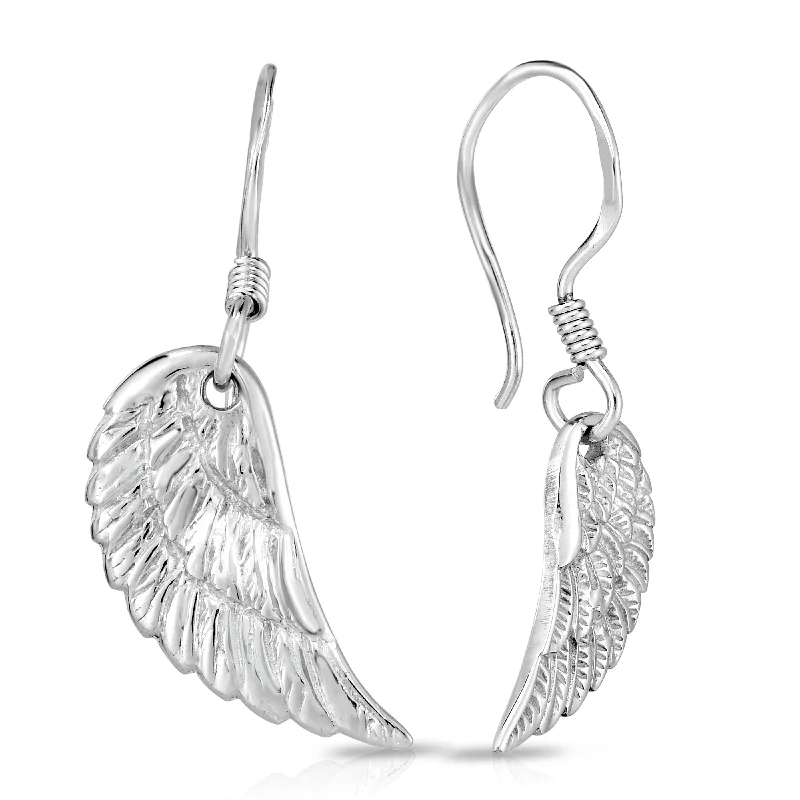 Ladies Earrings with Wave Glow-Sterling Silver Angel Wing Drop Earrings