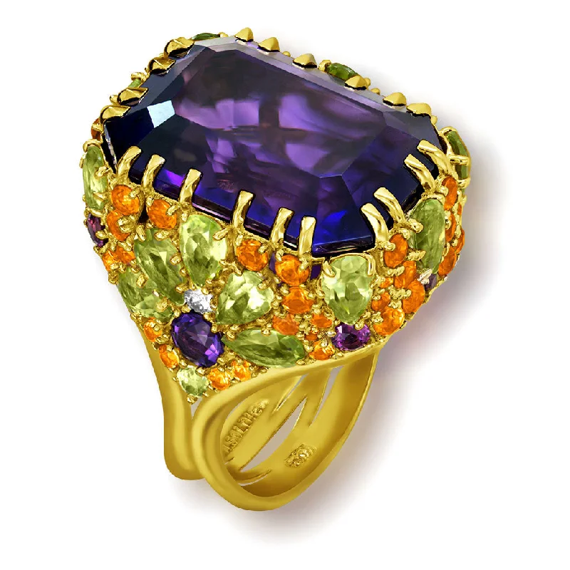 Ladies Rings with Purple Charoite-Gold Blossom Ring with Amethyst, Peridot & Diamonds