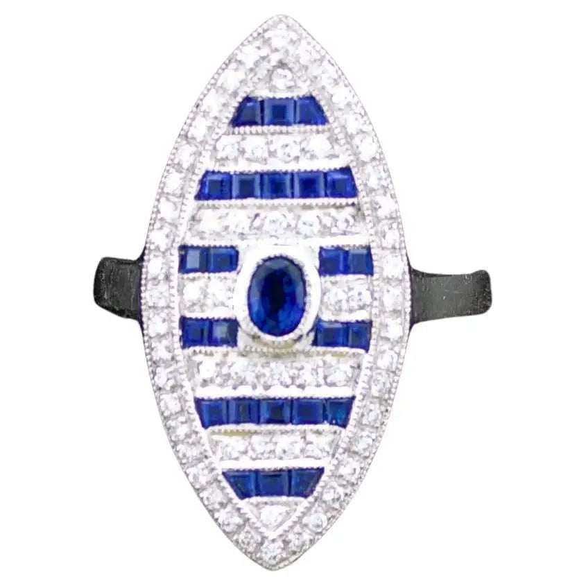 Ladies Rings for Summer Glow-Diamond and Sapphire Marquise Shaped Ring in 18k