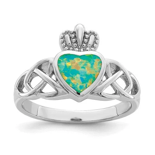 Ladies Rings Polished Shine-Sterling Silver Lab Created Opal Heart Crown Claddagh Ring