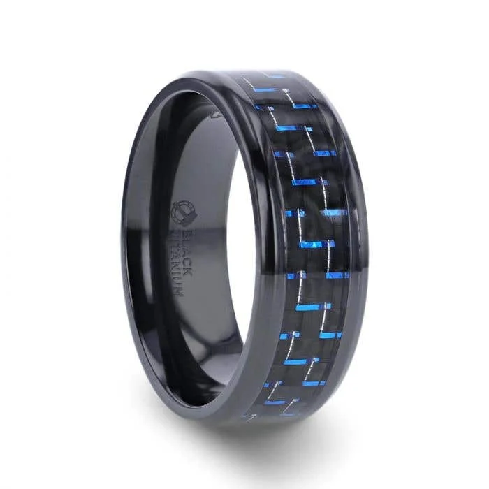 Ladies Rings with Orbit Glow-Thorsten ZAYDEN Black Titanium Ring with Blue & Black Carbon Fiber Inlay and Bevels - 8mm