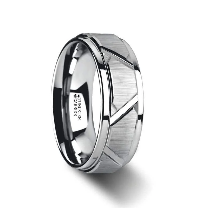 Ladies Rings for Bridal Glow-Thorsten VESTIGE Tungsten Ring with Triangle Angle Grooves and Raised Center - 8mm