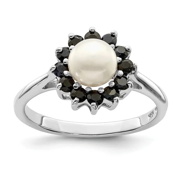 Ladies Rings with White Muscovite-Sterling Silver 6mm Cultured Pearl And Blue Sapphire Halo Ring