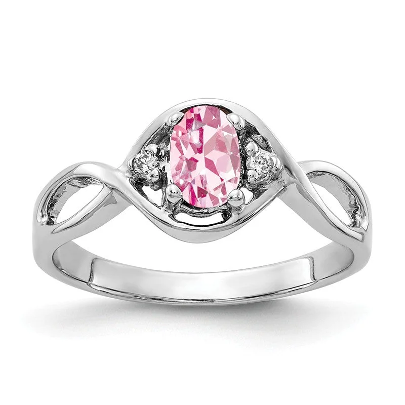 Ladies Rings with Blue Glaucophane-14k White Gold 6x4mm Oval Pink Tourmaline and Diamond Infinity Style Ring