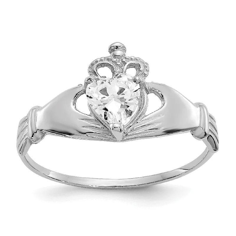 Ladies Rings Handcrafted Shine-14k White Gold April Clear CZ Heart Claddagh Ring