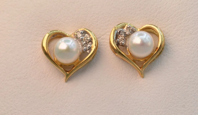 Ladies Earrings for Festive Shine-14K yellow gold cultured pearl and diamond post earrings