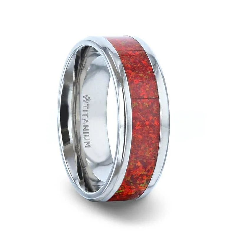 Ladies Rings with White Colemanite-Thorsten CASSIOPEIA Titanium Ring With Beveled Edges And Red Opal Inlay - 8mm