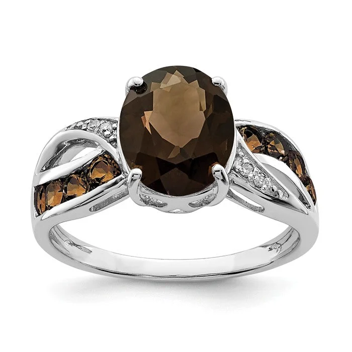 Ladies Rings with Moon Shine-Sterling Silver Smoky Quartz Oval and Crossed Band Diamond Ring