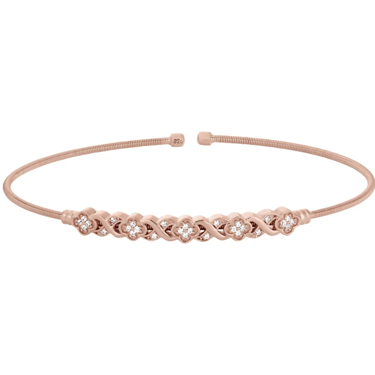 Starlit wonder bracelets -Rose Gold Finish Sterling Silver Cable Cuff Bracelet with Simulated Diamond XO Flower Design