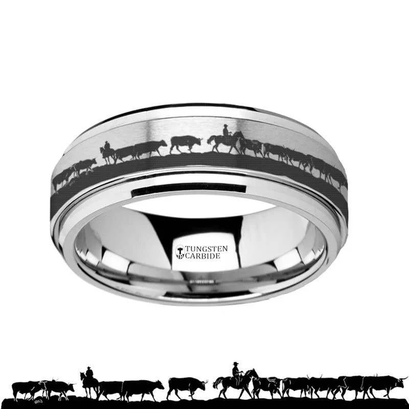 Ladies Rings Pearl Spark-Thorsten Spinning Engraved Herding Cattle Tungsten Carbide Band Spinner Ring