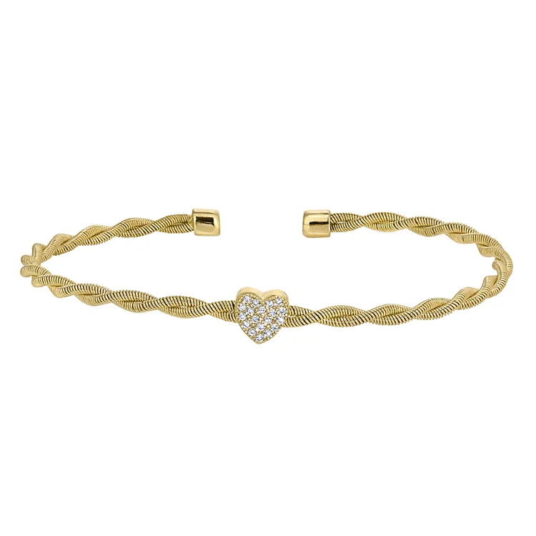 Team unity bracelets -Gold Finish Sterling Silver Thin Tightly Twisted Cable Cuff Bracelet with Heart with Simulated Diamonds