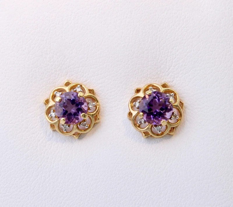 Ladies Earrings for Leader Spark-14K yellow gold post earrings with one center Amethyst and six Diamonds