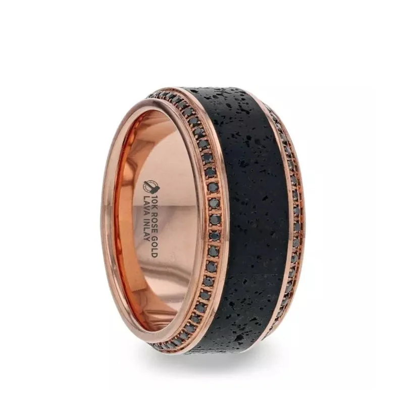 Ladies Engagement Rings with Zircon Glow-Thorsten HYPERIA Lava Inlaid 10K Rose Gold Wedding Ring Polished Beveled Edges Set with Round Black Diamonds - 10mm