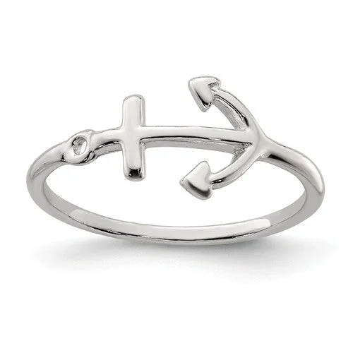 Ladies Rings with Spiral Shine-Sterling Silver Sideways Petite Anchor Ring