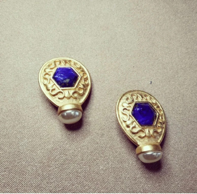 Ladies Earrings with Key Glow-Lapis pearl Earrings by Rima Ariss Green Clip On Gold