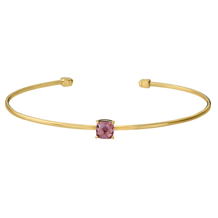 Inscribed personalized bracelets -Gold Finish Sterling Silver Pliable Cuff Bracelet with Faceted Cushion Cut Simulated Pink Sapphire Birth Gem - October