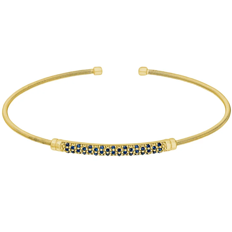 Glossy pearl bracelets -Gold Finish Sterling Silver Cable Cuff Bracelet with Three Rows of Simulated Blue Sapphire Birth Gems - September