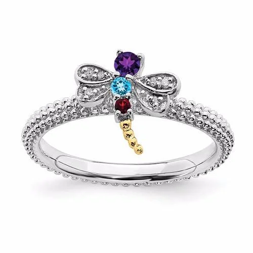 Ladies Rings with Pink Tugtupite-Sterling Silver & 14k Gold Stackable Expressions Gemstone Diamond Dragonfly Ring