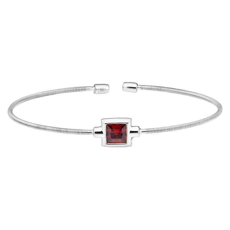 Clustered gem bracelets -Rhodium Finish Sterling Silver Cable Cuff Bracelet with Princess Cut Simulated Garnet Birth Gem