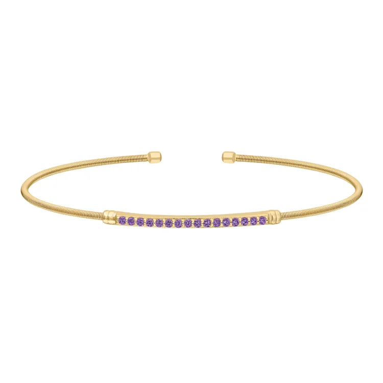 Deco flair bracelets -Gold Finish Sterling Silver Cable Cuff Bracelet with Simulated Amethyst Birth Gems - February