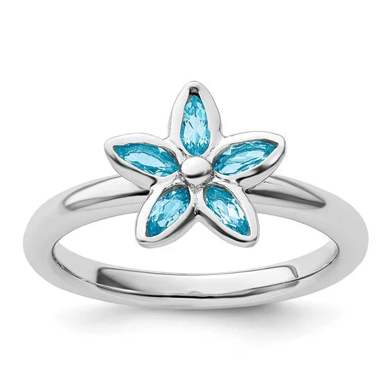 Ladies Rings Oval Spark-Sterling Silver Stackable Expressions Blue Topaz Flower Ring