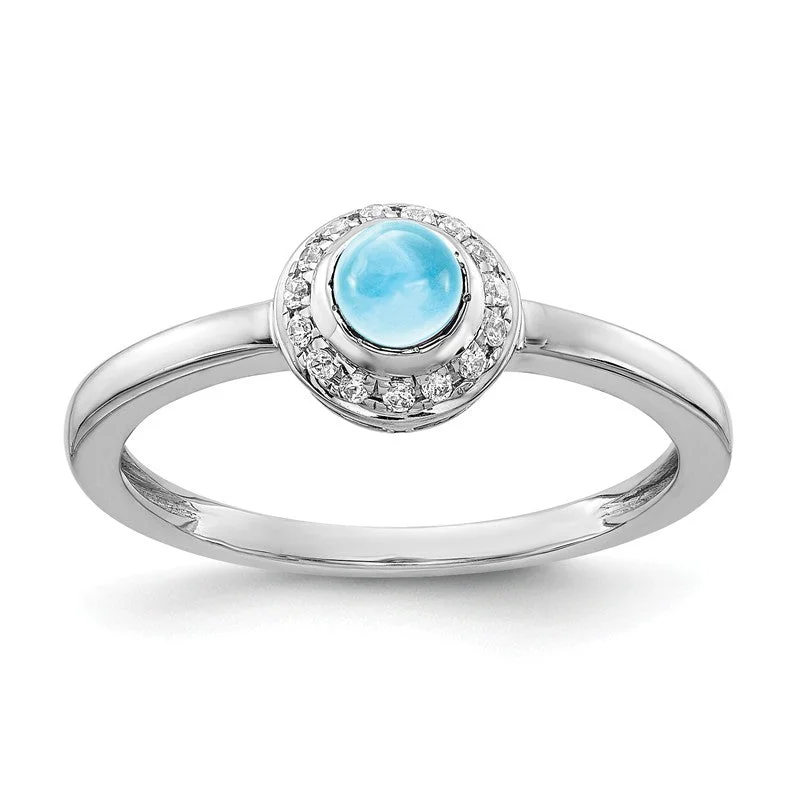 Ladies Rings for Night Spark-14k White Gold Diamond Halo And Round Swiss Blue Topaz Cabochon Ring