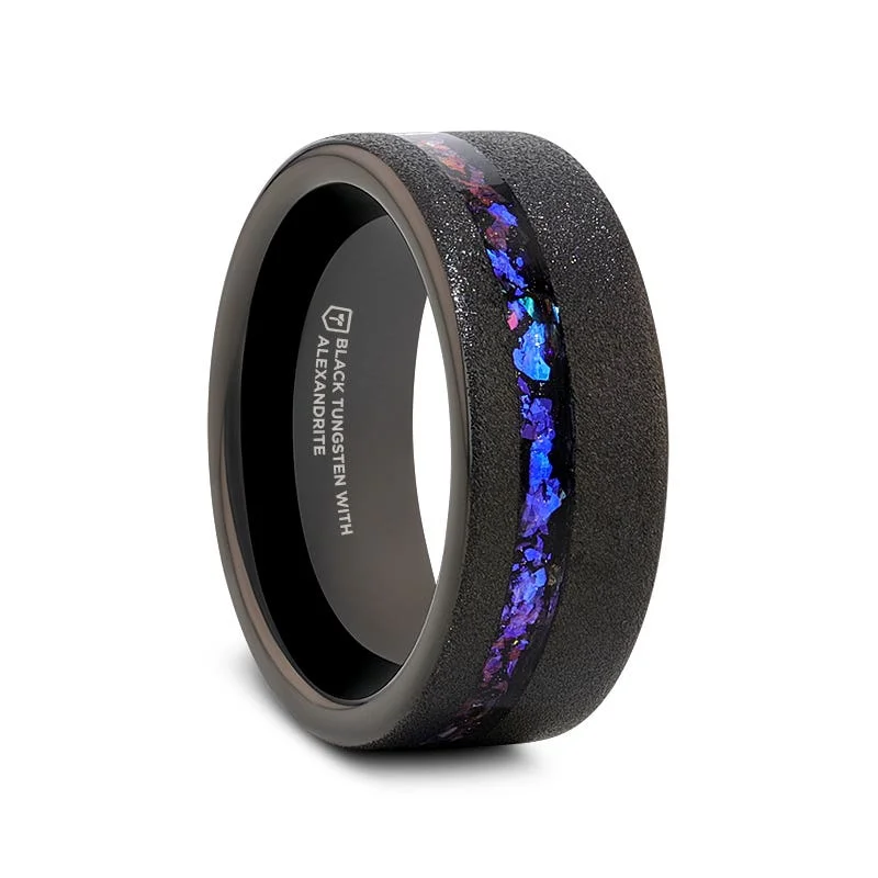 Ladies Rings with Teal Cavansite-Thorsten MIRAGE Sandblasted Black Tungsten Ring with Crushed Alexandrite and Dark Blue & Purple Crushed Goldstone - 8mm