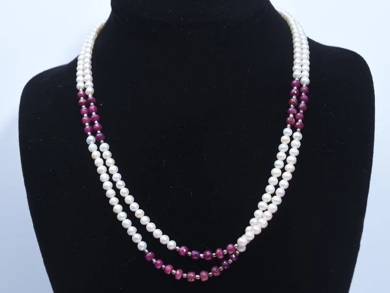 Ladies frosty winter necklaces -Ruby and Pearl Double Strand Necklace