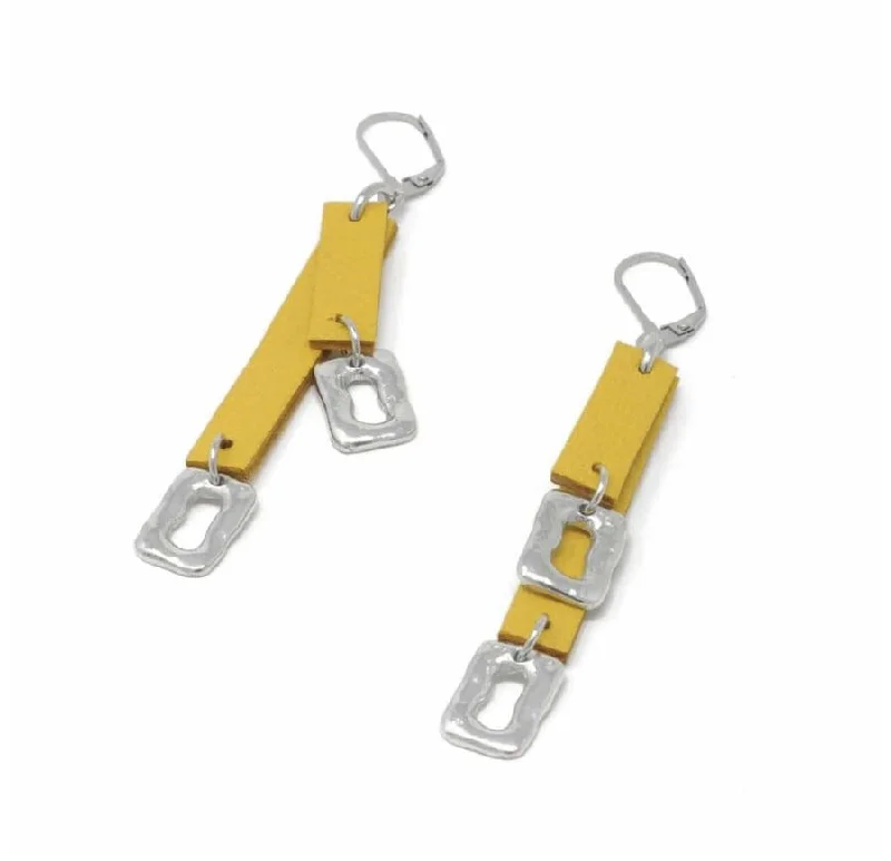 Ladies Earrings with Sea Aquamarine-Sobo Double Yellow Leather and Small Ring Feature Earrings